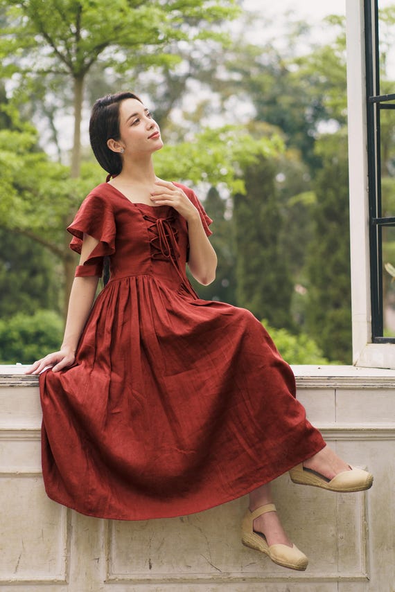 maroon linen dress Burgundy Linen dress, Midi Linen dress, Linen swing dress, Womens dress, Modest Linen dress, Party dress, Custom dress, Xiaolizi 5579#