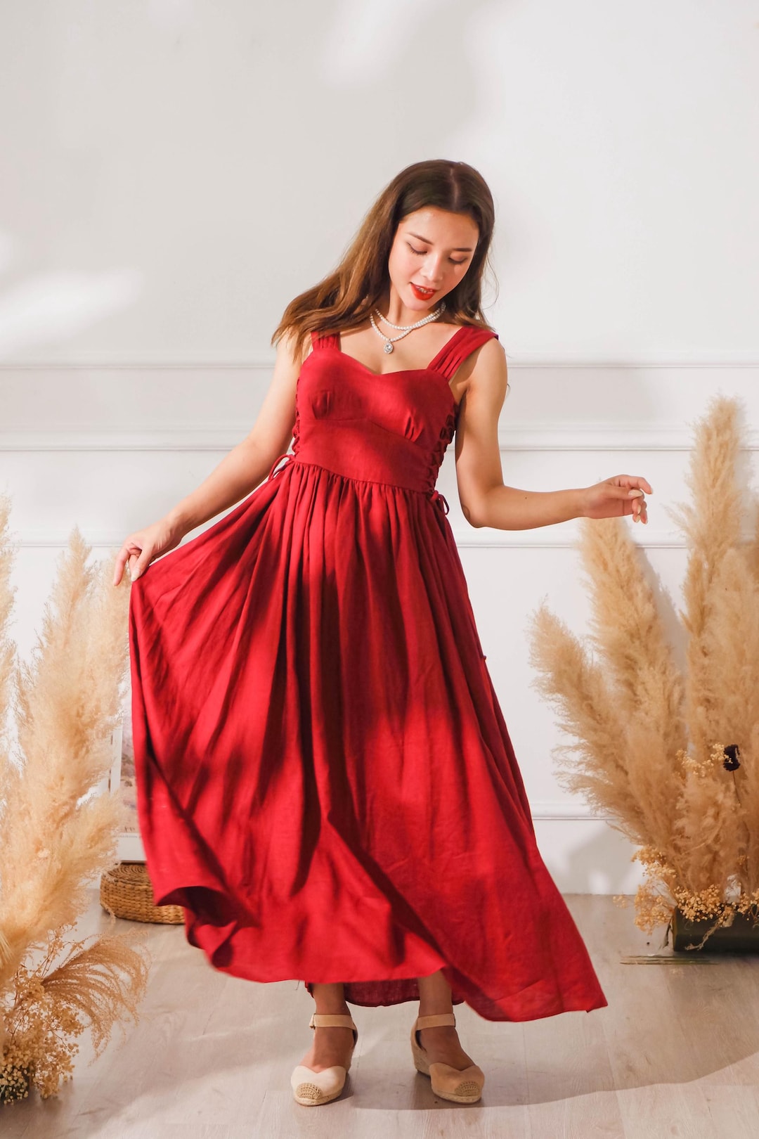 red linen dress 3d Flower Euroflax Premium Maxi giving you the best fit anywhere Aurora Dress