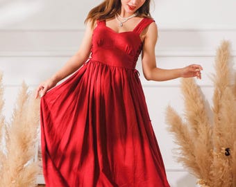 Maxi Lace -Up Linen Dress, Long Linen Dress, Red Wine Linen Dress for Women, Plus Size Linen Clothing Women, Boho Maxi Linen Dress
