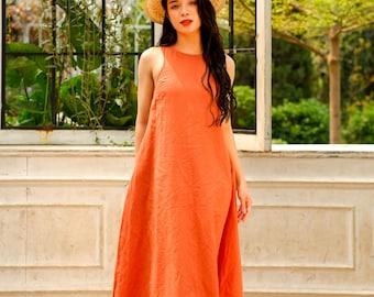 Rusty Orange Maxi Dress, Linen Kaftan Dress, Womens Clothing Summer Dresses, Orange Linen Loose Sleeveless Dress, Simple Linen Dress