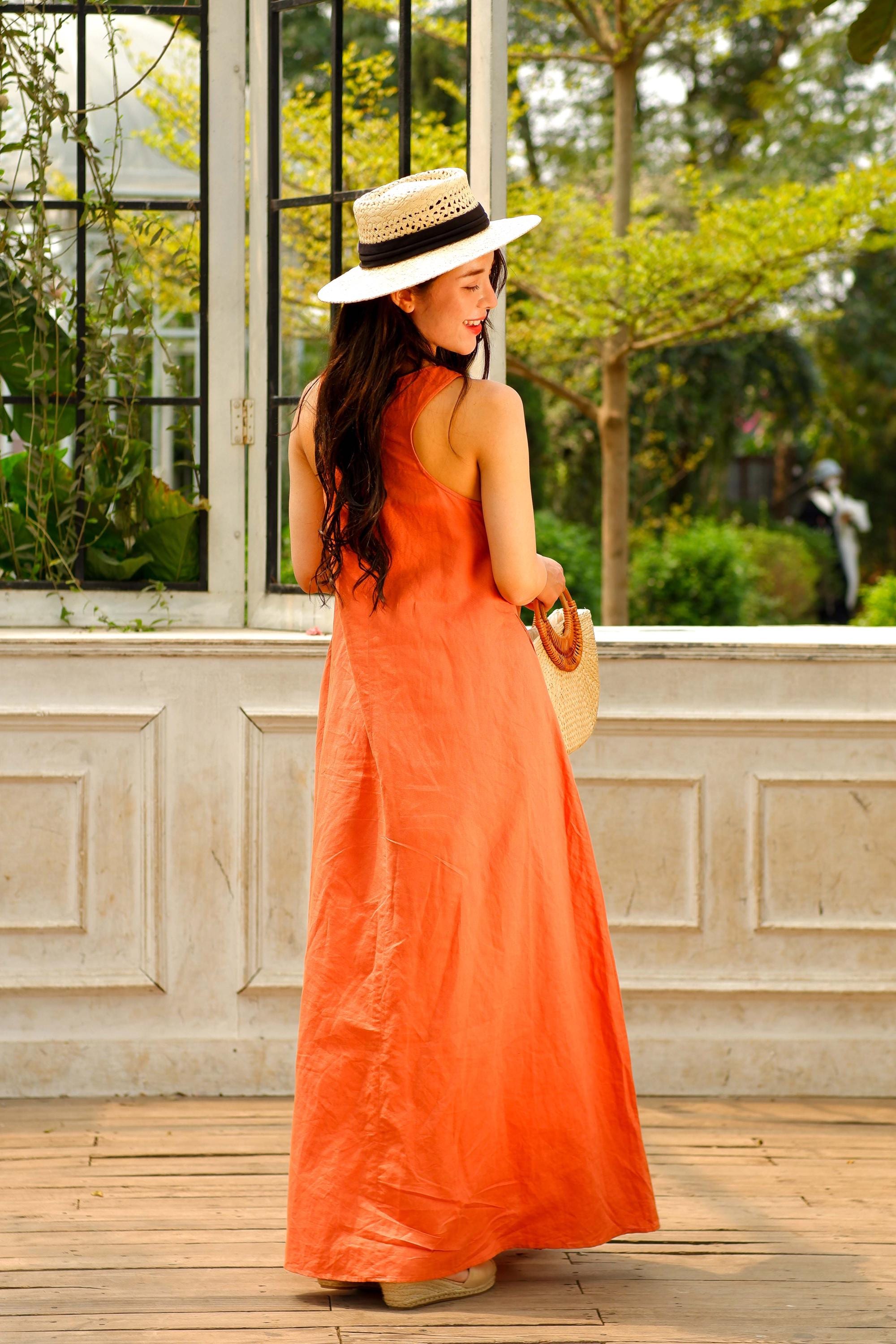Rusty Orange Maxi Dress, Linen Kaftan Dress, Womens Clothing Summer Dresses, Orange Linen Loose Sleeveless Dress, Simple Linen Dress Rusty Orange Maxi Dress, Linen Kaftan Dress, Womens Clothing Summer Dresses, Orange Linen Loose Sleeveless Dress, Simple Linen Dress