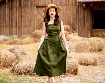 apple green summer dress Apple Green Sleeveless Dress, Linen Dress, A Line Linen Dress, A Line Dress,  Linen Dress for Women, Linen Midi Dress, Flattering Dress