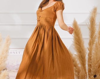 Calf Length Linen Dress, Short Sleeve Linen Summer Dress, Pleated Flare Midi Dress, Plus Size Dress, Short Sleeved Fall Dress for Women