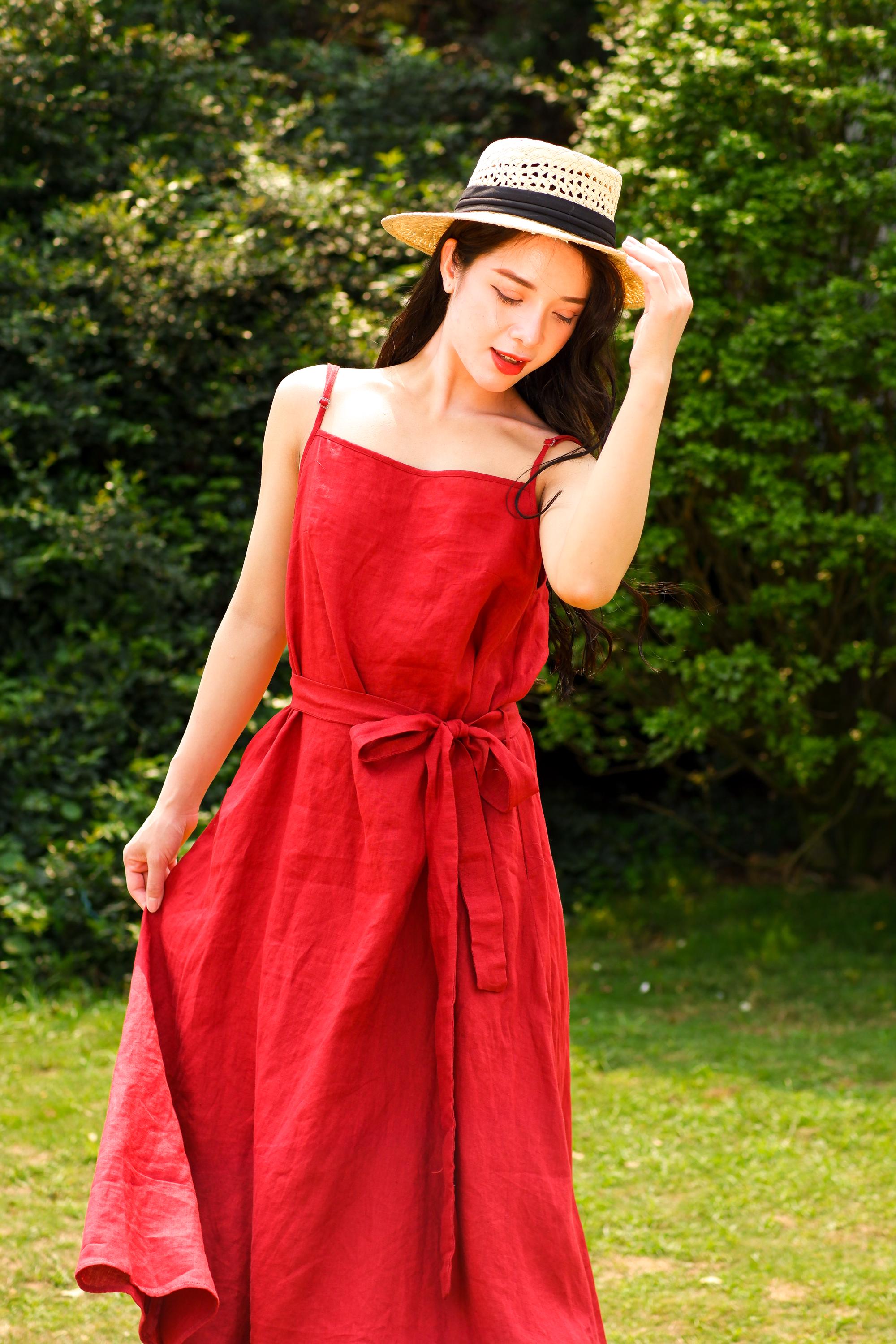 red linen spaghetti strap dress Red Linen Spaghetti Strap Dress - Light Weight Dress With Pockets