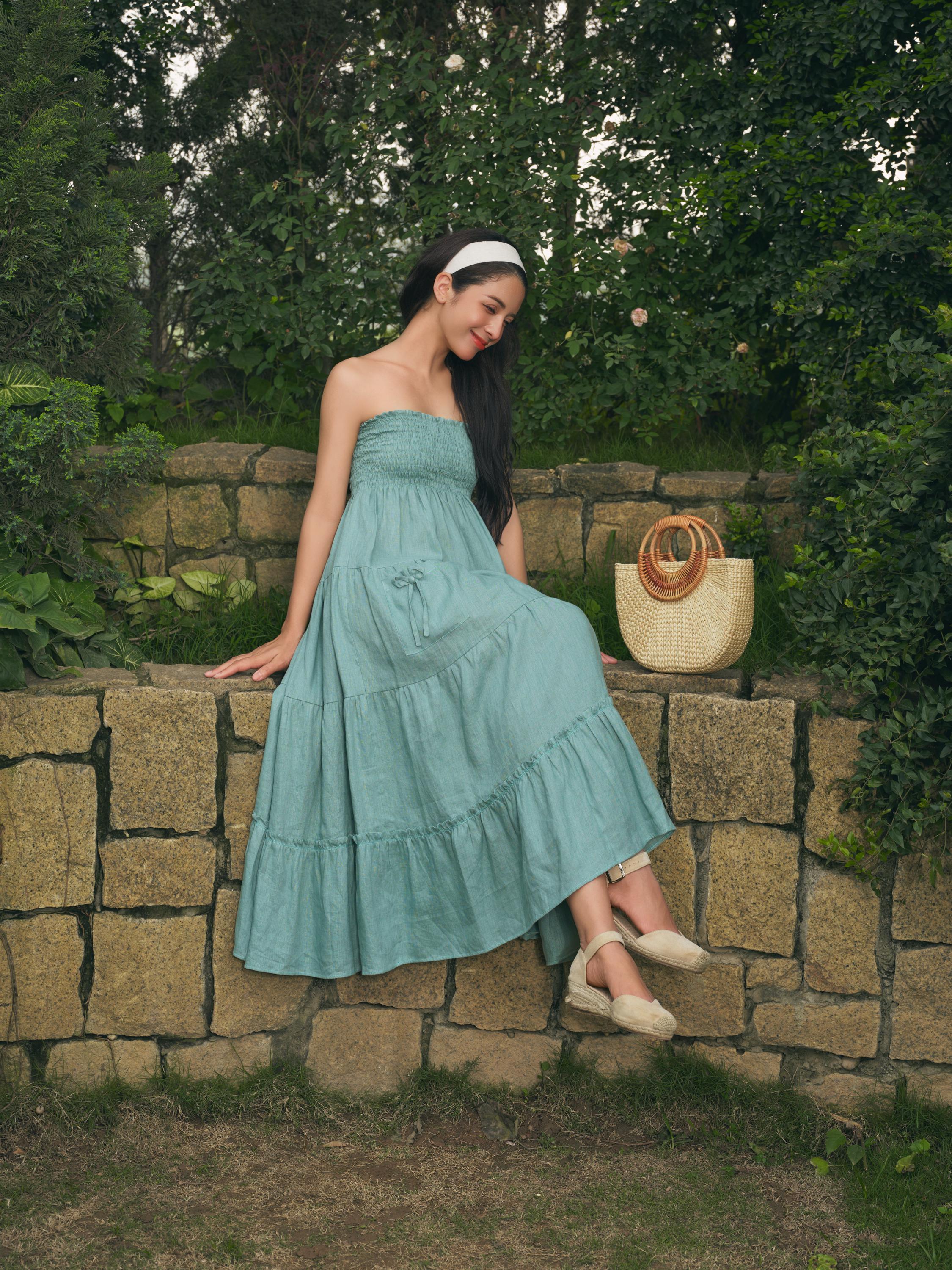 slim fit dress slacks Shop The Linen Studio Strapless Dress (Apple Green) main image 1