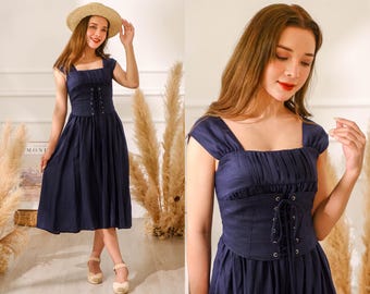 Navy Blue Linen Dress With Pockets and Adjustable Waist Size, Classic Linen Dress Women, Summer Midi Dress, Dress Linen Closet for Women