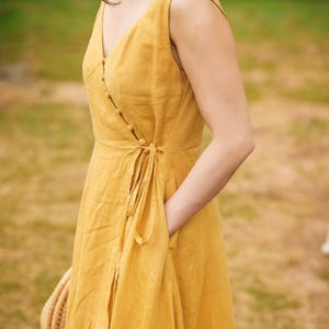 Yellow Linen Midi Dress Women, Sleeveless Wrap V Neck Dress With Buttons And Waist Tie, Flowy Summer Linen Outfit Casual, Gift Dress For Her