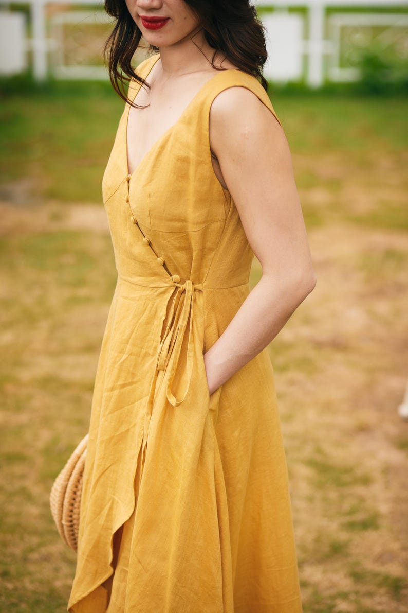 Yellow Linen Midi Dress Women, Sleeveless Wrap V Neck Dress With Buttons And Waist Tie, Flowy Summer Linen Outfit Casual, Gift Dress For Her