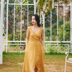 Yellow Linen Midi Dress Women, Sleeveless Wrap V Neck Dress With Buttons And Waist Tie, Flowy Summer Linen Outfit Casual, Gift Dress For Her