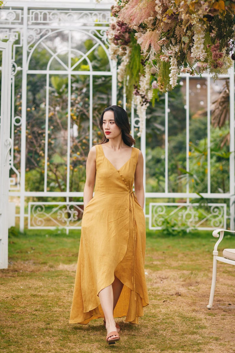 Yellow Linen Midi Dress Women, Sleeveless Wrap V Neck Dress With Buttons And Waist Tie, Flowy Summer Linen Outfit Casual, Gift Dress For Her
