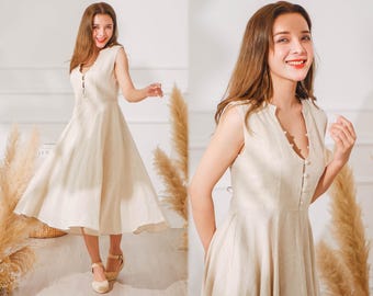Linen Dress with Buttons, V-neck Dress, Fit and Flare Beige Linen Dress, Maxi Natural Dress with Handmade Bow Accent, Casual Dress for Women