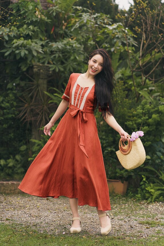Rust Orange Linen Midi Dress, Vintage Square Neck Linen Dress With Unique Lace Trim Embroidered, Dress With Tie Waist & Button, Women Outfit