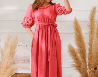 Pink Linen Dress for Women, Flower Embroidered Linen Dress, Linen Midi Dress, Linen Clothing, Plus Size Clothing, Floral Linen Dress Summer