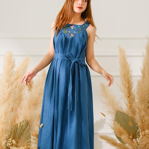 Linen Dress for Women, Linen Maxi Dress, Flowers and Mushrooms Embroidered Linen Dress, Sleeveless Simple Dress, Casual Linen Dress