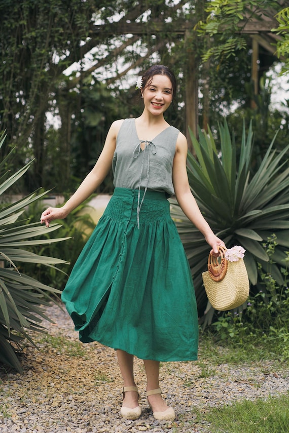 Linen Dress For Women, Two Piece Set Linen Top And Midi Skirt, Outfit With Front Tie Neck Tank Top And Front Buttons Skirt, Best Outfit Her Linen Dress For Women, Two Piece Set Linen Top And Midi Skirt, Outfit With Front Tie Neck Tank Top And Front Buttons Skirt, Best Outfit Her