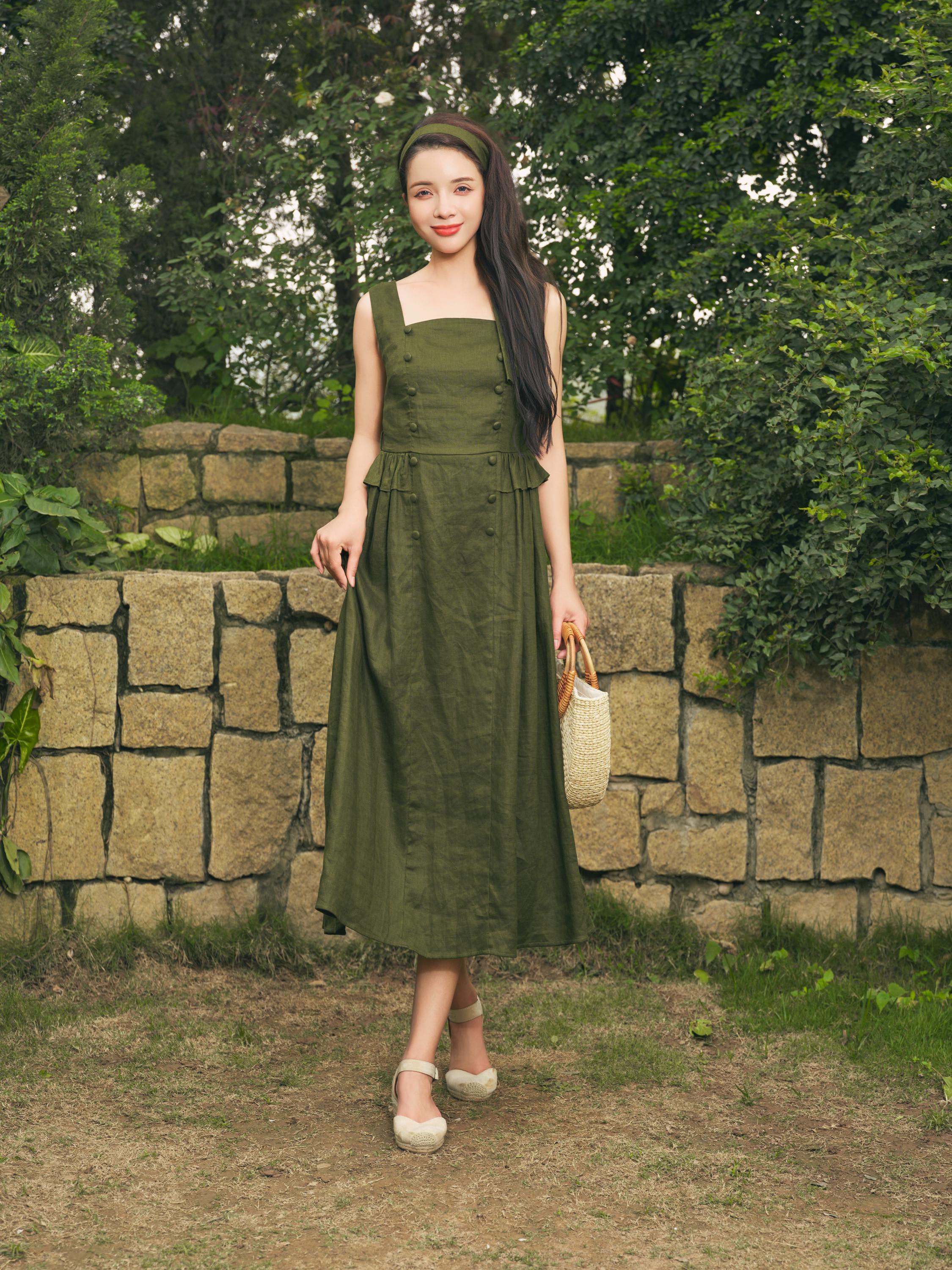 linen-blend squareneck column midi dress Women's Warm Pink Linen Seamed Square Neck Dress for Summer | Breathable and Lightweight