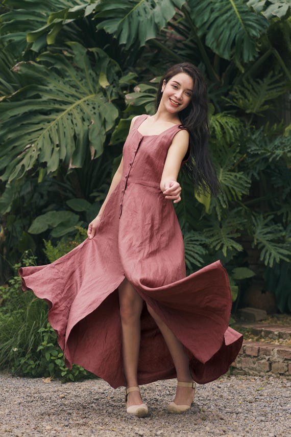 Dusty Rose Linen Maxi Dress, Square Neck Button Front Linen Dress with Pockets, Unique Corset Back Summer Linen Clothing, Fashion for Women