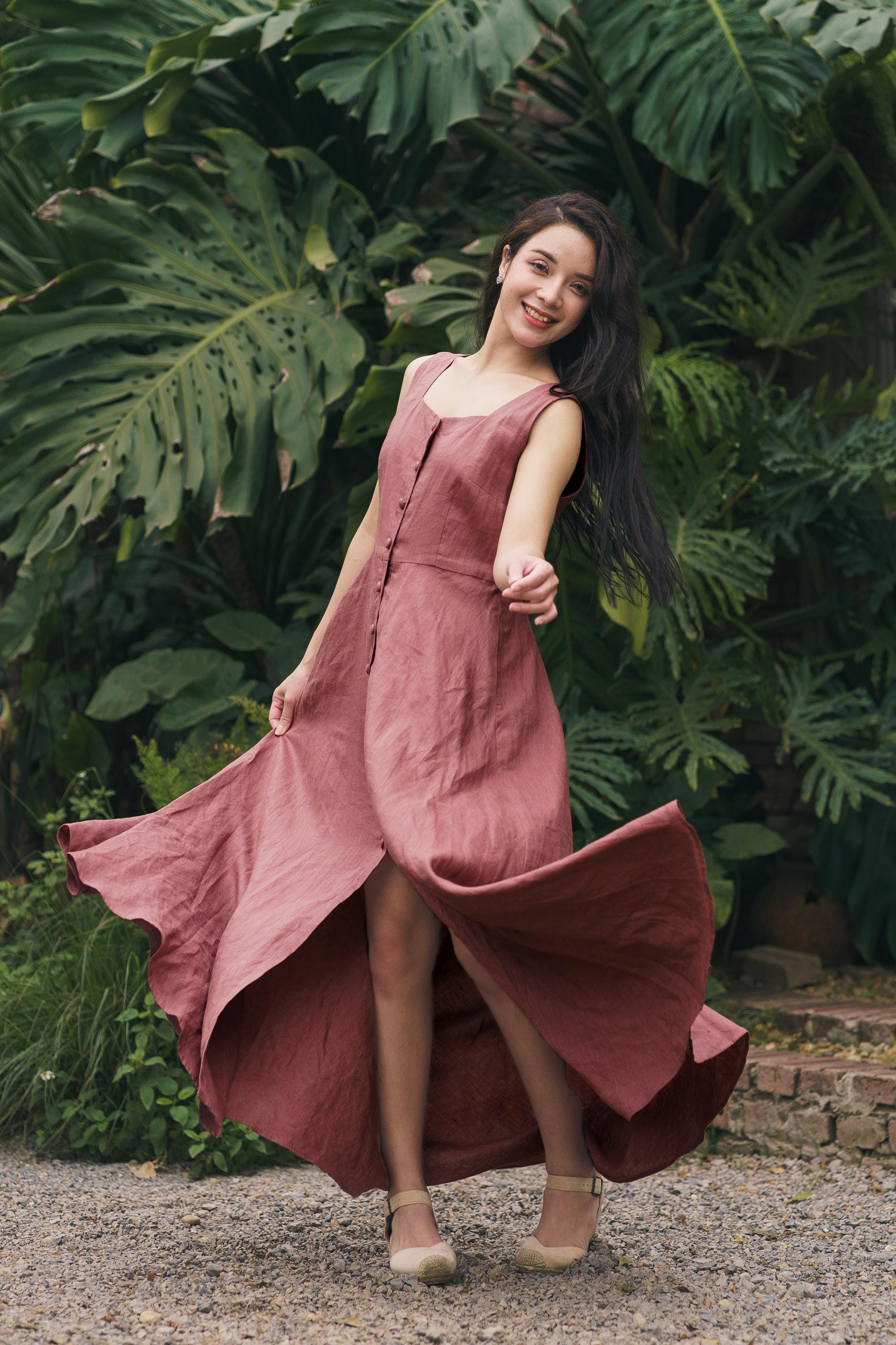 Dusty Rose Linen Maxi Dress, Square Neck Button Front Linen Dress With Pockets, Unique Corset Back Summer Linen Clothing, Fashion For Women