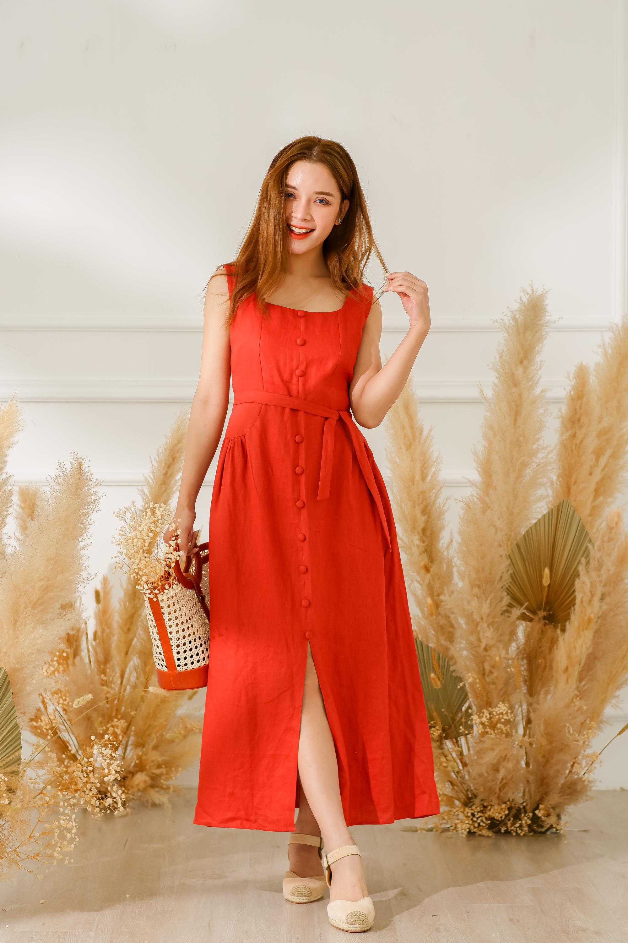 chinese dress ladies Vintage Red Linen Cotton Maxi Dress  Square Neck Long Sleeve  Xiaolizi