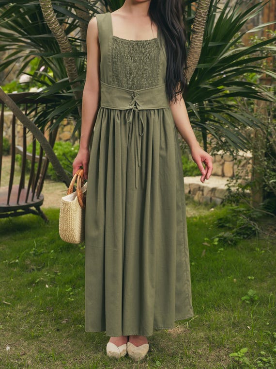 green linen dress maxi Sage Green Linen Button-Down Dress, Lapel Collar, Cap Sleeves