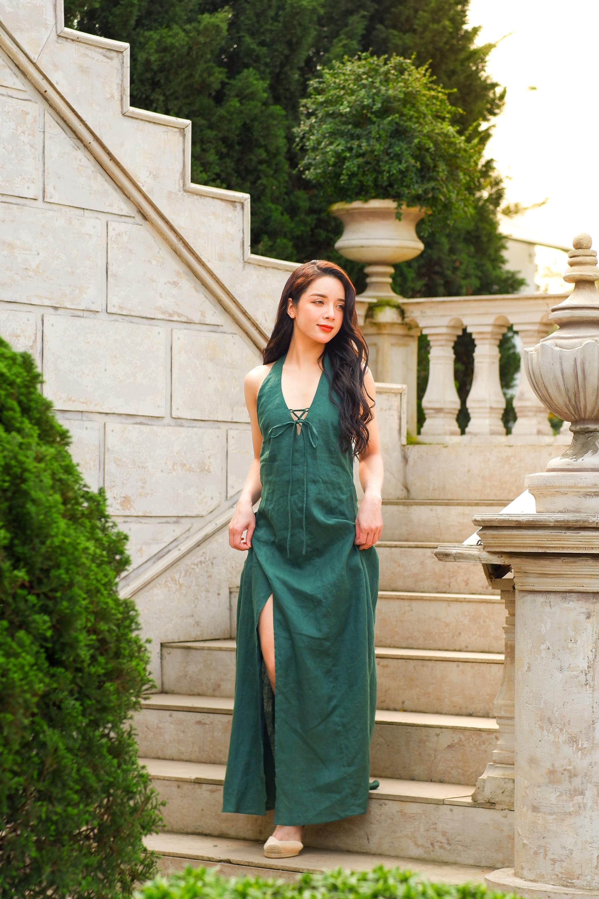 knee length dresses for ladies Point Linen Crew Neck Maxi Dress main image 1