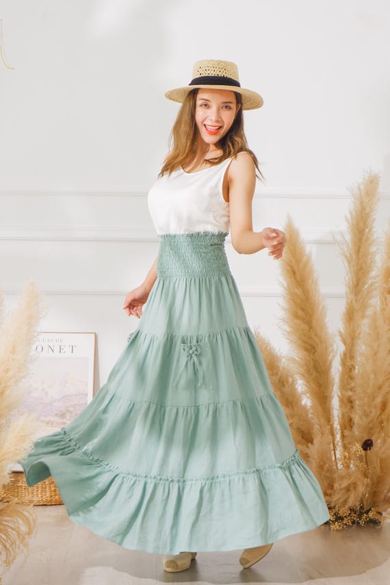 Summer Linen Dress Set Women, White V Neck Cami Top With Green Tiered  Skirt, Long Linen Smocked Dress With Pocket & Bow Detail, Best Outfit