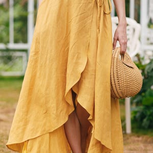 Yellow Linen Midi Dress Women, Sleeveless Wrap V Neck Dress With Buttons And Waist Tie, Flowy Summer Linen Outfit Casual, Gift Dress For Her