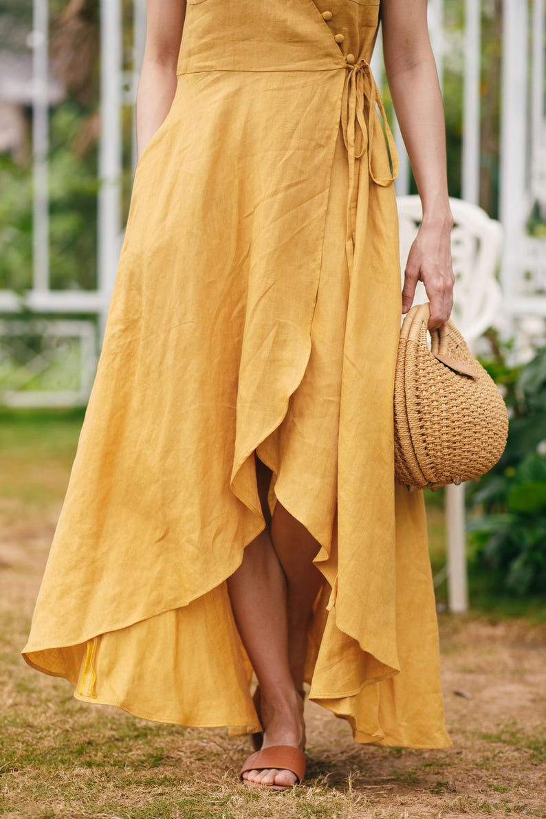 Yellow Linen Midi Dress Women, Sleeveless Wrap V Neck Dress With Buttons And Waist Tie, Flowy Summer Linen Outfit Casual, Gift Dress For Her