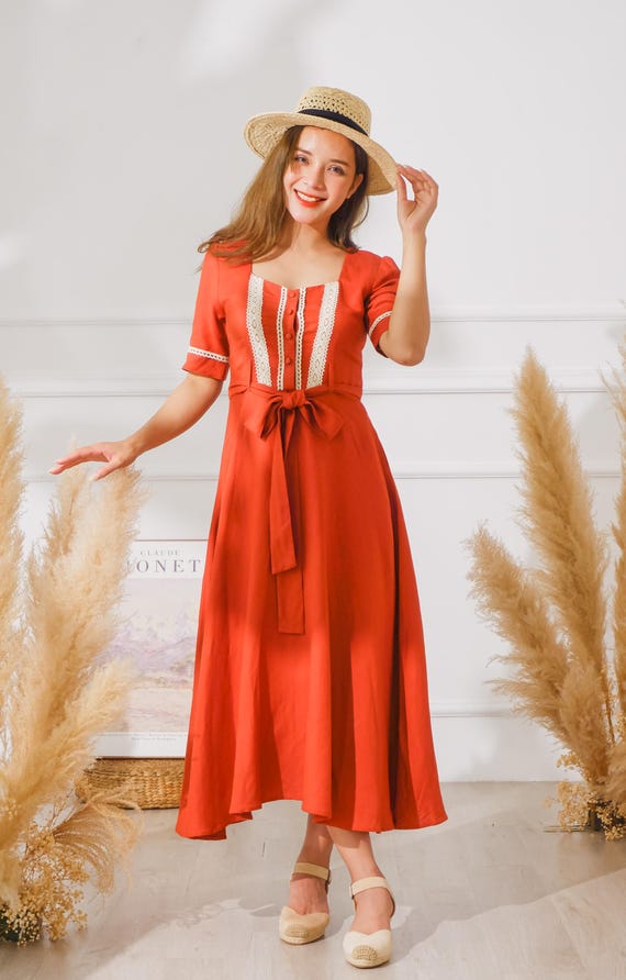 womens rust midi dress LTS Tall Women's Rust Orange Floral Midi Dress