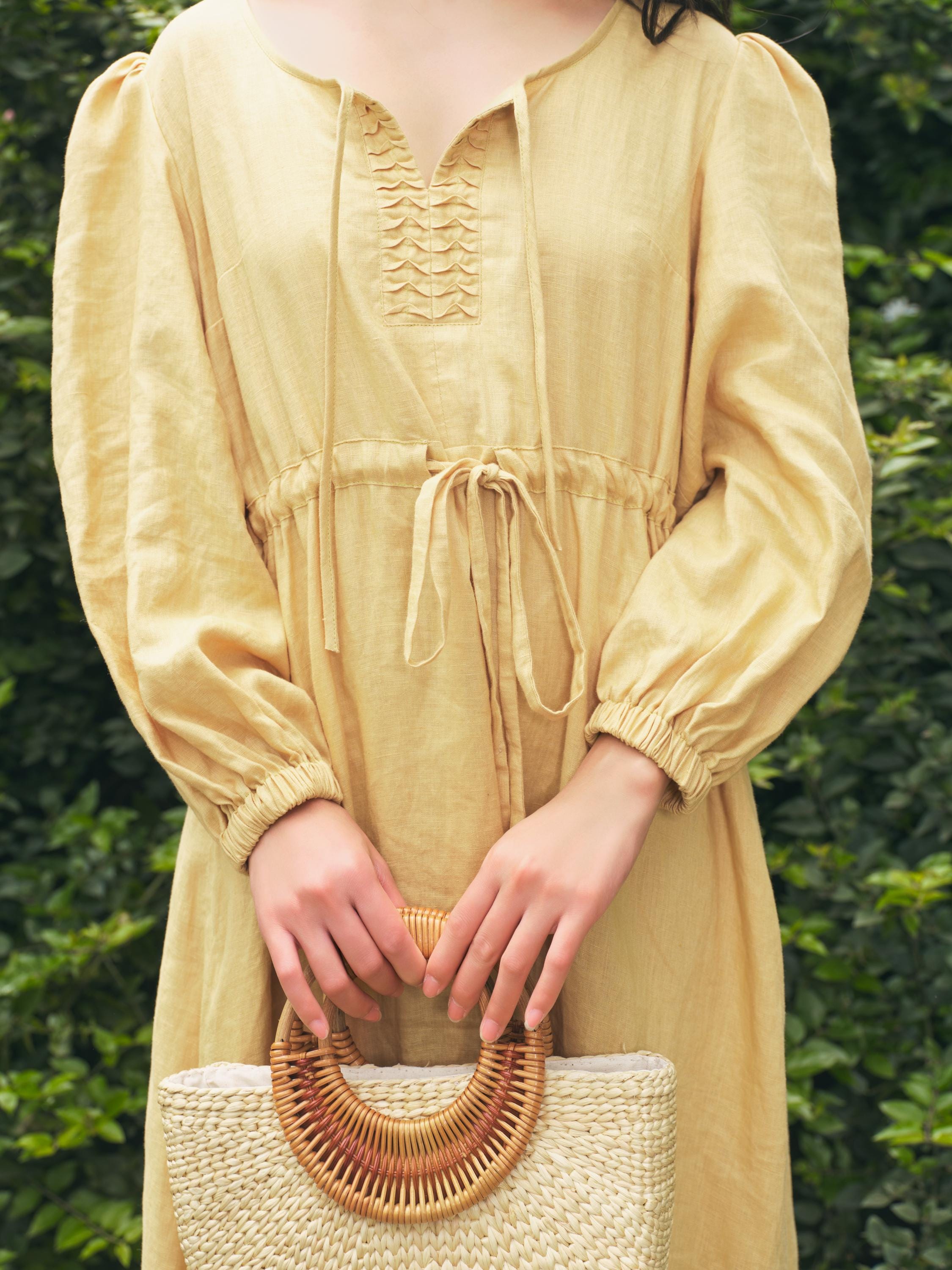 Pastel Yellow Linen Dress Women, Long Sleeve Maxi Linen Dress with Tie Front and Drawstring Waist, Open Back Bow Dress Maxi, Romantic Outfit