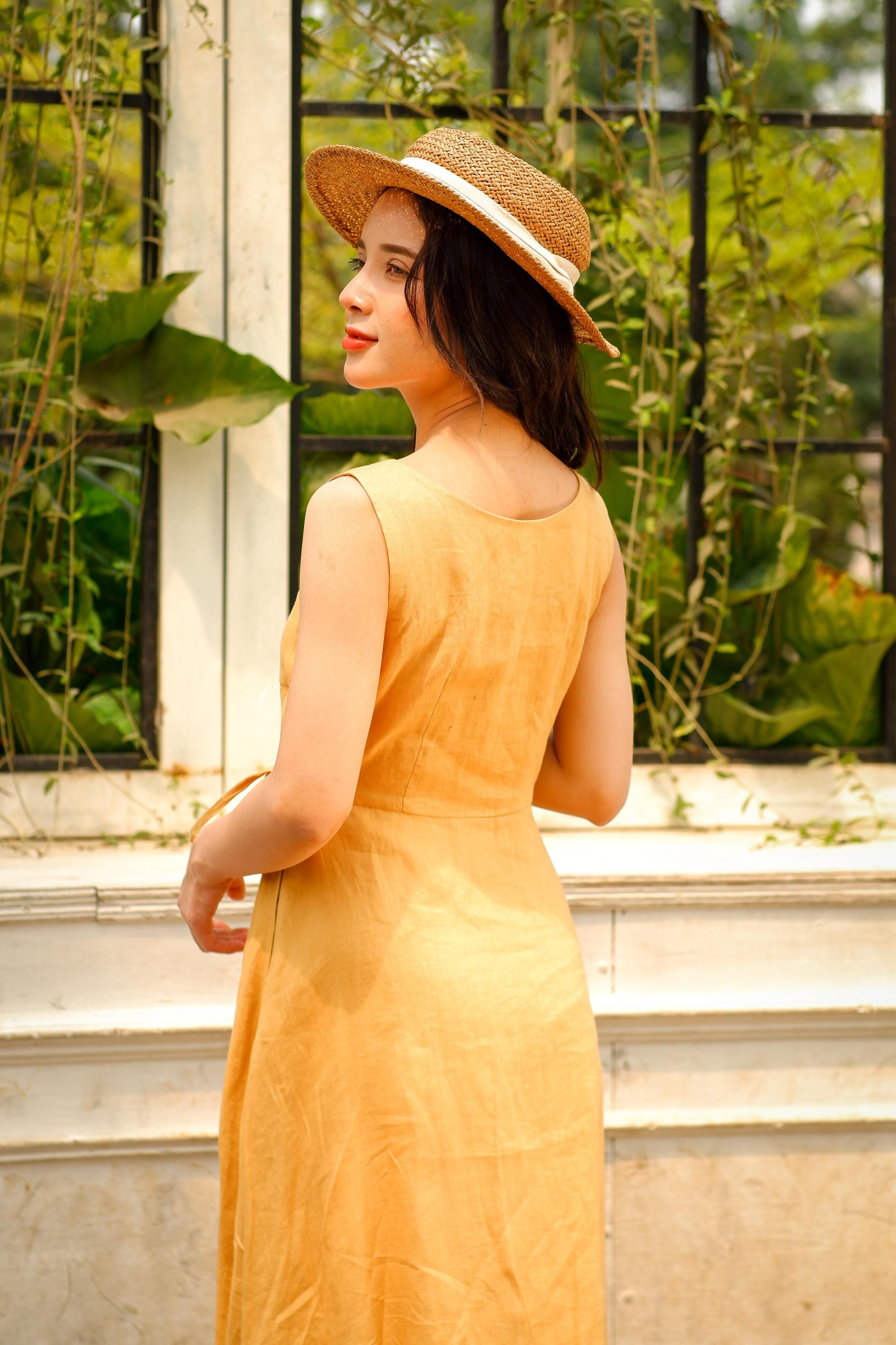 mustard linen wrap dress Yellow Linen Wrap Dress with Cascading Ruffles 3/4 Sleeve Maxi Dress for Women Handmade Boho Linen Gown Spring Fall Dress Custom Dress