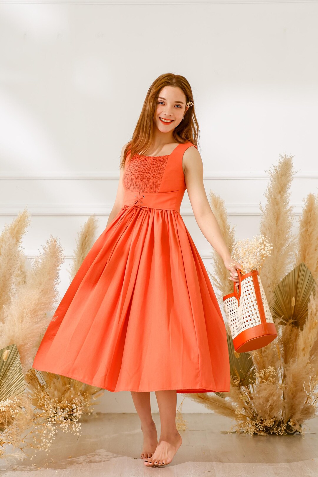 Orange Linen Maxi Dress For Women, Sleeveless Square Neck Long Linen Dress With Smocked Bodice And Waist Tie, Elegant Summer Linen Outfit