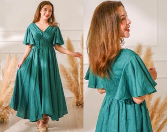 Customized Linen Dress for Women, Deep V Neck Linen Party Dress, Long Linen Dress Romantic, Plus Size Linen Clothing, Cottagecore Dress Boho