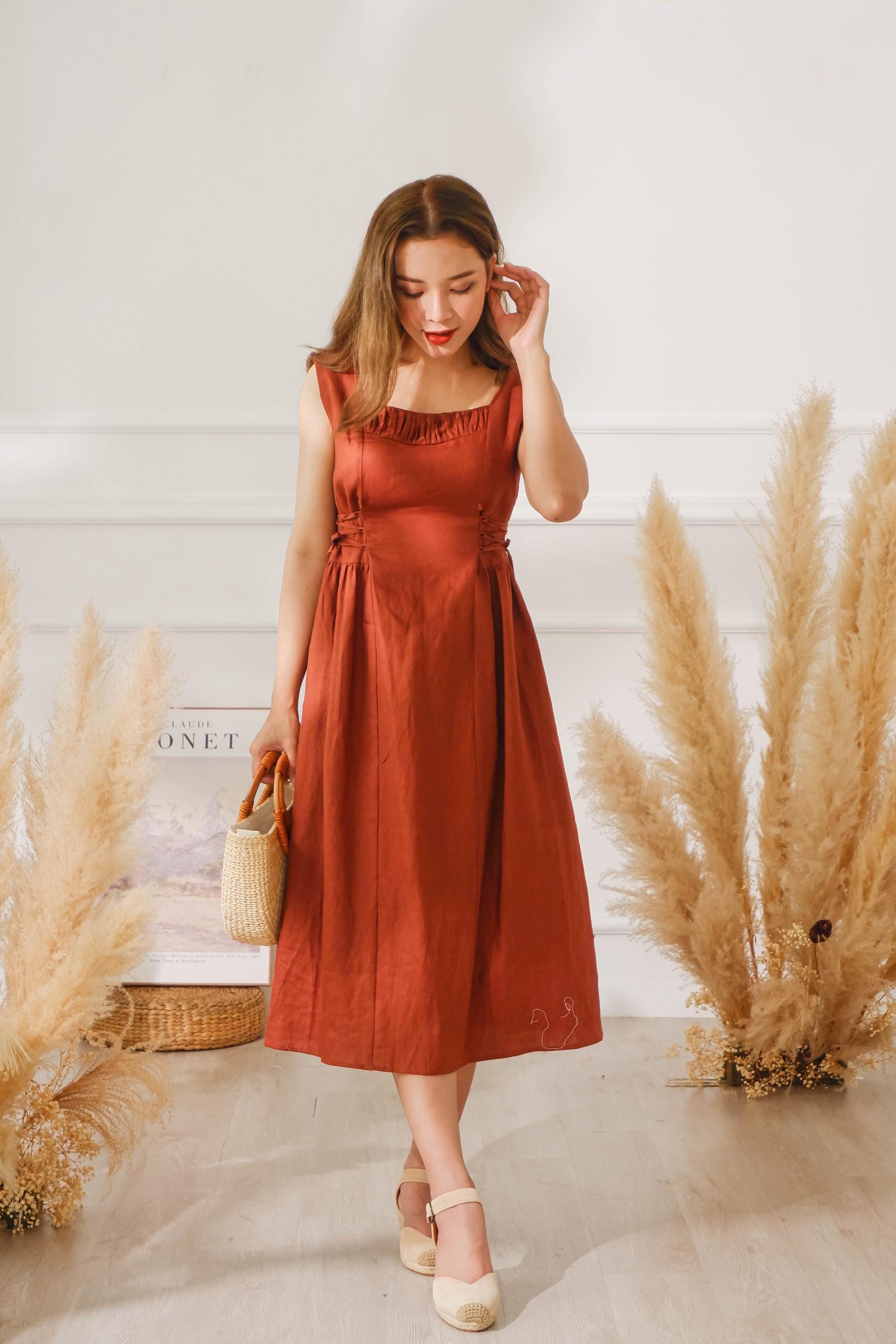 rusty orange midi dress Orange Linen Wrap Dress Handmade V-Neck Summer Midi Dress Teal / XL