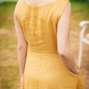 Yellow Linen Midi Dress Women, Sleeveless Wrap V Neck Dress With Buttons And Waist Tie, Flowy Summer Linen Outfit Casual, Gift Dress For Her