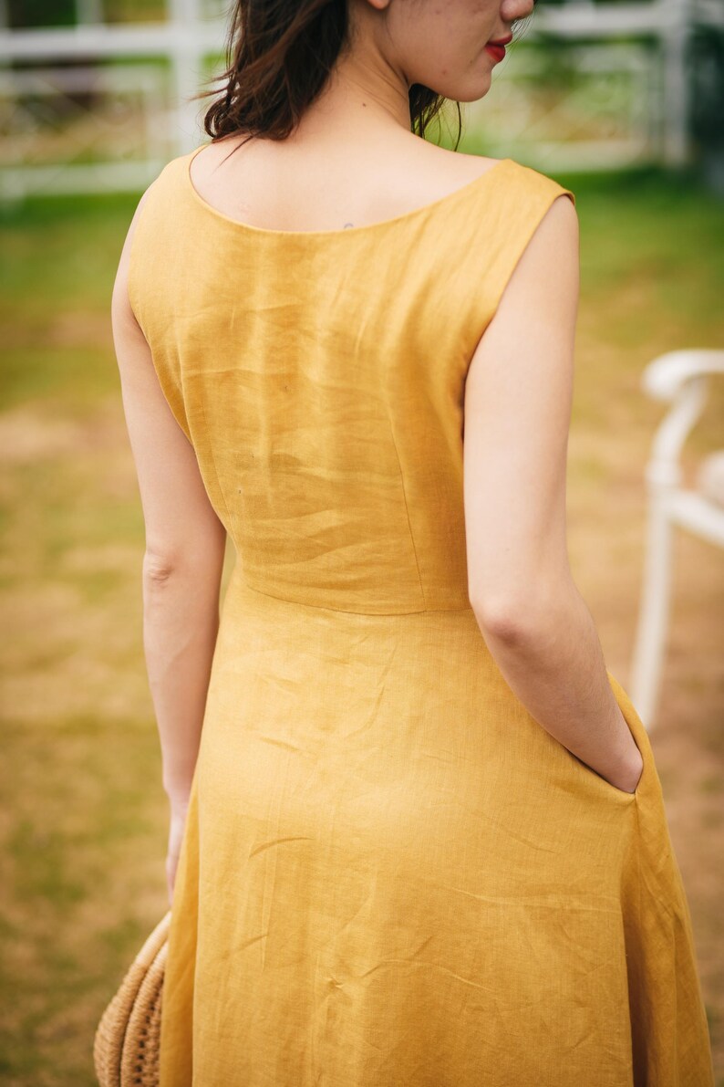Yellow Linen Midi Dress Women, Sleeveless Wrap V Neck Dress With Buttons And Waist Tie, Flowy Summer Linen Outfit Casual, Gift Dress For Her