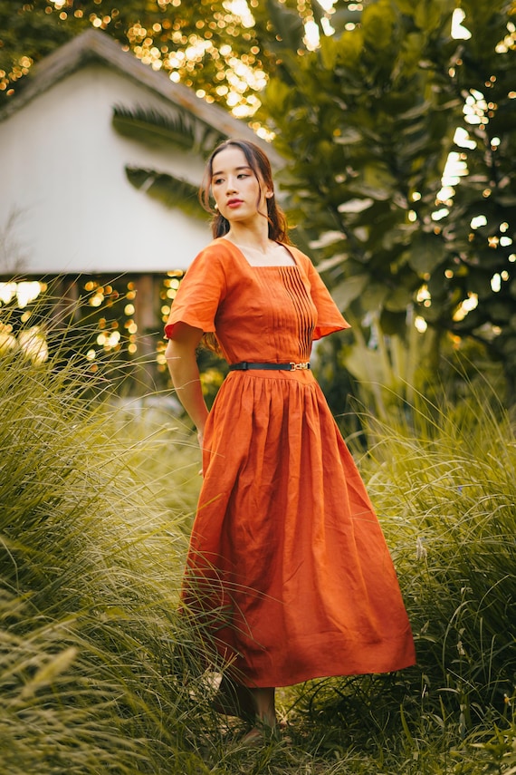 Coral Orange Linen Dress For Women With Wide Sleeves & Black Belt, Casual Knee Length A Line Linen Dress, Elegant Summer Outfit, Best Dress