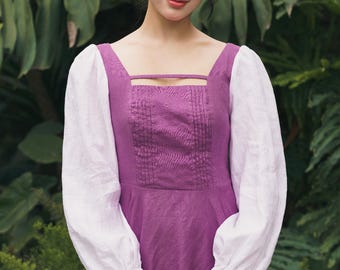 Purpel Linen Corset Dress With White Blouse, Linen Dress With Long Maxi A-Line Puffy Sleeve And Ribbon Tie Back, Romantic Outfit For Women