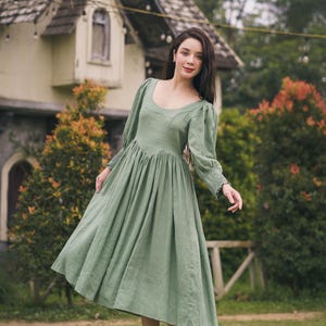 Green Maxi Dress With Long Sleeves, Vintage Linen Dress With Square Neck, Green Midi Linen Skirt, A Line Skirt, Pleated Flared Skirt