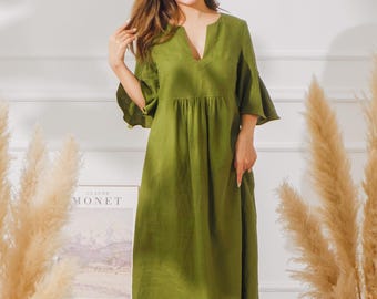 Olive Green Linen Dress Women, V Neckline Linen Maxi Dress With Bell Sleeves & Elastic Waist, Linen Long Summer Dress, Vintage Casual Style