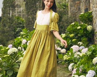 Feminine Green White Linen Maxi Dress, Pleated Puff Sleeve Dress With Smocked Waist, Color Block Long Dress With Button, Elegant Dress Women