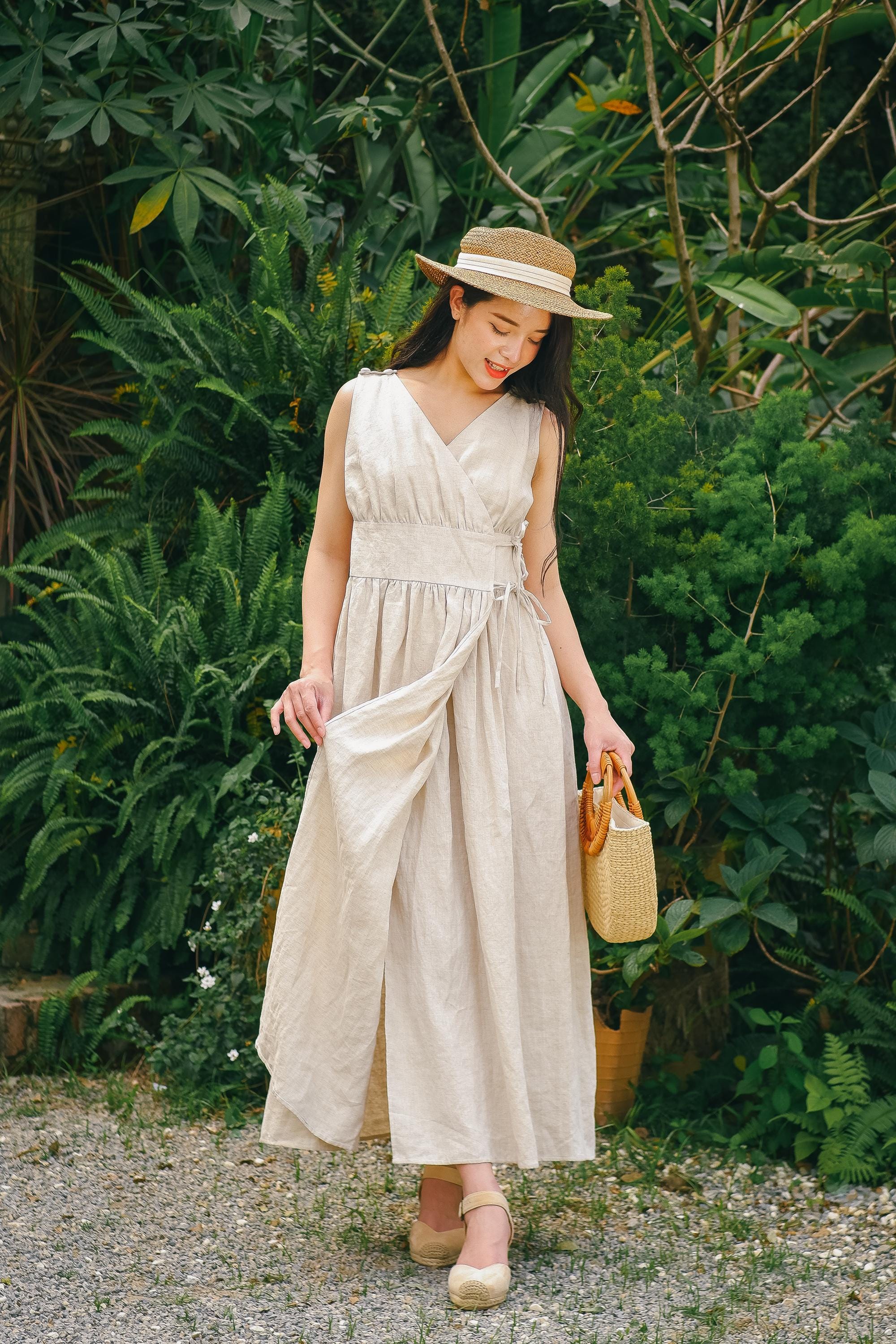 knee length dresses for ladies Loose Linen Dress in Black main image 0