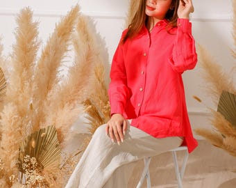 Women Linen Two Piece Set With Red Button Shirt And White Wide Leg Pants, Casual Summer Set For Work And Everyday Style, Gift Dress For Her