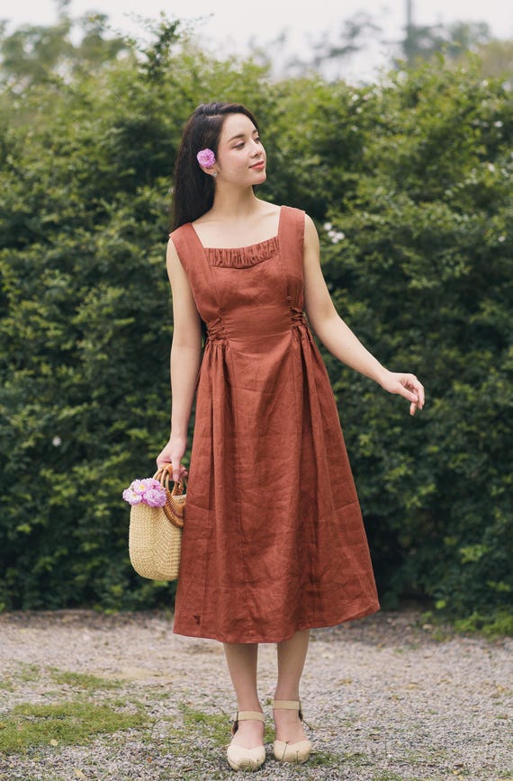 Terracotta Linen Midi Dress, Sleeveless Square Neck Smocked Bust Dress With Side Tie Waist, Casual Summer Linen Clothing, Dress For Women