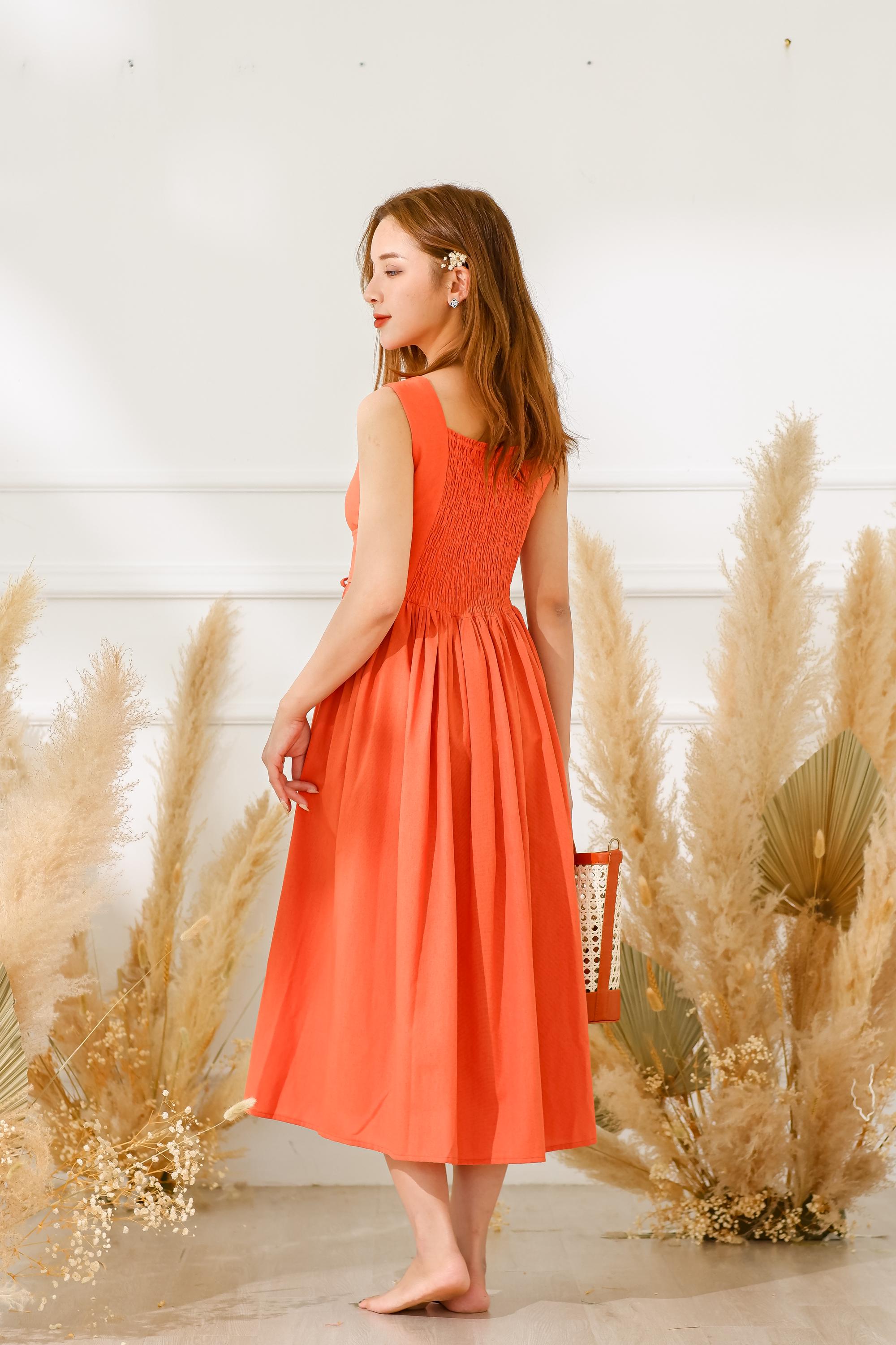 orange linen dress Maxi For Women, Sleeveless Square Neck Long Linen Dress With Smocked Bodice And Waist Tie, Elegant Summer Linen Outfit ensuring impeccable quality and sustainability Orange Linen Wrap Dress –