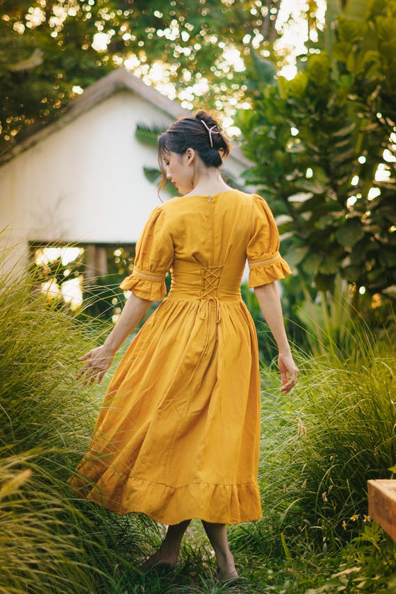 chinese dress ladies Butter Yellow Linen Bias Cut Midi Dress