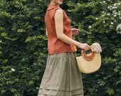 Two Piece Linen Dress Set, Linen Sleeveless Blouse With Collar And Buttons, Midi Skirt With Layered Ruffles And Pockets, Best Outfit For Her