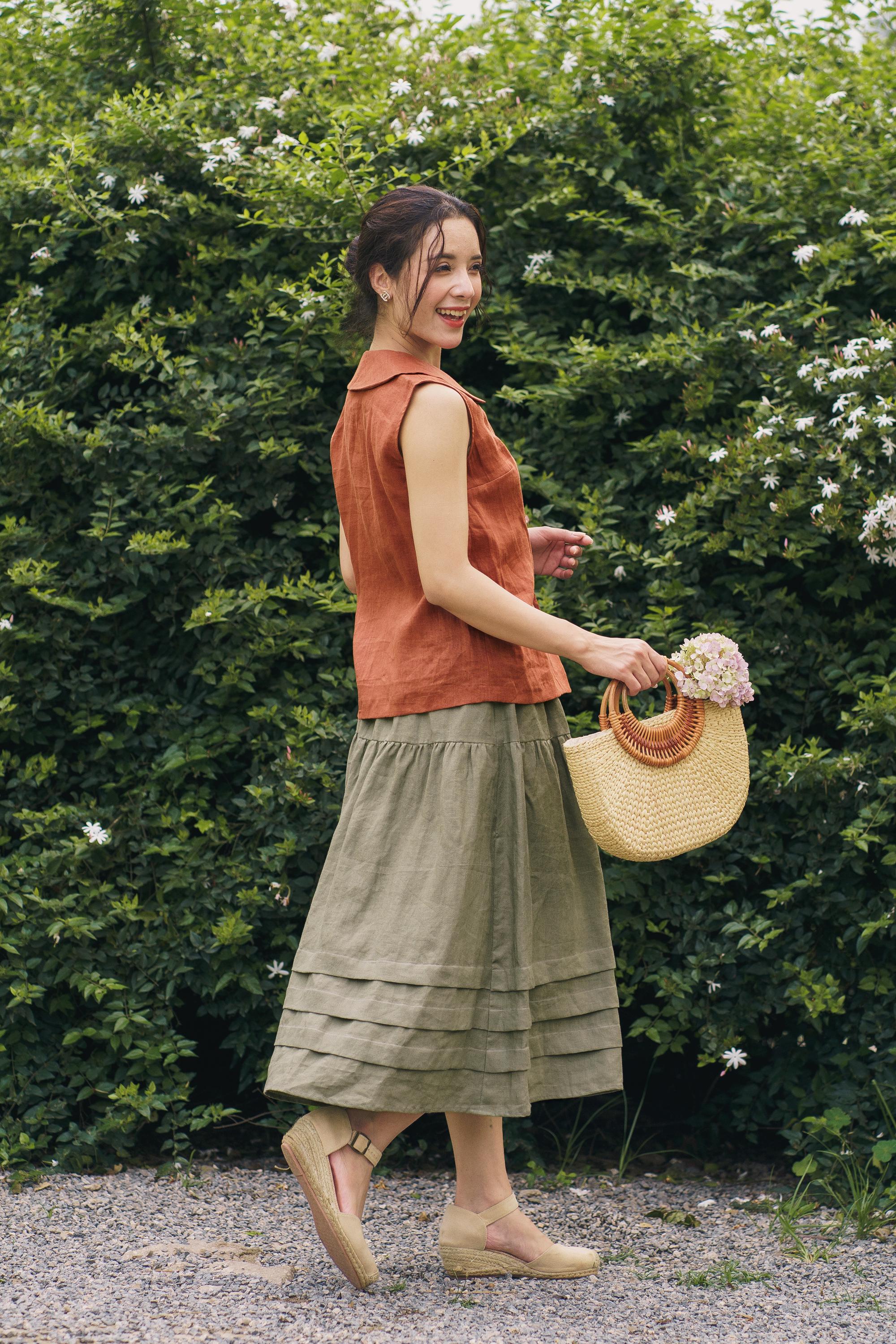 Two Piece Linen Dress Set, Linen Sleeveless Blouse With Collar And Buttons, Midi Skirt With Layered Ruffles And Pockets, Best Outfit For Her