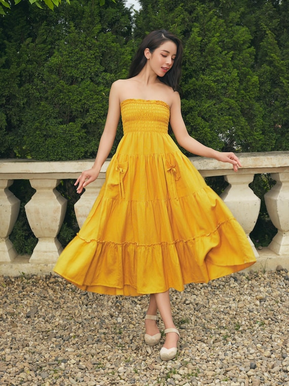 Yellow Strapless Smocked Linen Dress for Womens, Long Linen Dress With Tiered Skirt and Bow Pockets, Summer Linen Outfit, Dress Gift for Her - Etsy Australia Yellow Strapless Smocked Linen Dress for Womens, Long Linen Dress With Tiered Skirt and Bow Pockets, Summer Linen Outfit, Dress Gift for Her - Etsy Australia