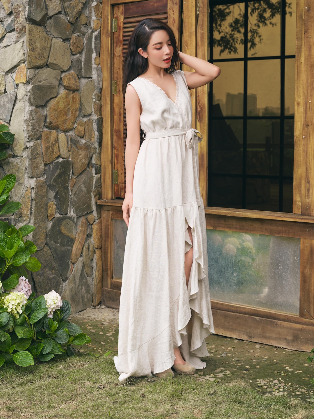 cream linen dress Unique Design Cream Linen Maxi Dress Women, Deep V Neck Linen Dress With Tiered Ruffle Outfit, Romantic Chic Summer Dress, Fashion Ideas